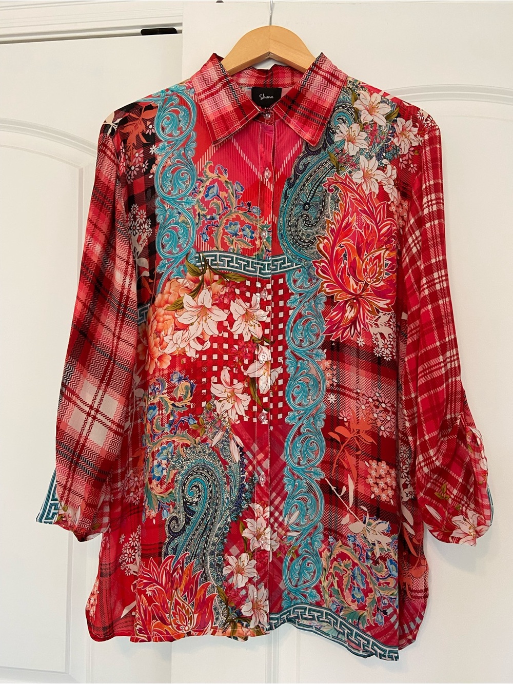 Shana Boho Artsy Mixed Print Blouse Large Floral Plaid Paisley Red Turquoise